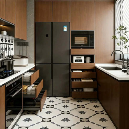 Modern European Style Solid Wood Kitchen Cabinets Modular Design With LED Shelves, Built-in Appliances