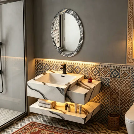 Factory direct luxury Wall-mounted bathroom vanity sintered stone marble top ceramic sink LED Mirror bathroom cabinet for hotel