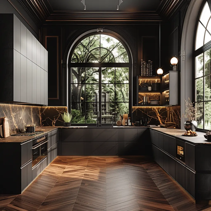 Kitchen Cabinets Dark Luxury Wood Veneer Modern Style with Marble Waterfall Island Modular Kitchen Unit Set Dining LED Lighting