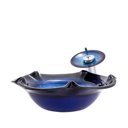 Flower Shape Blue Tempered Glass Countertop Basin Colorful Wash Basin Bathroom Simple Basin With Waterfall Faucet