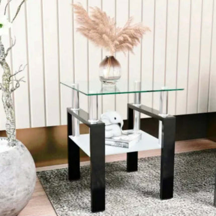 Square Tempered Glass End Side Table With Metal Frame Modern 2-Tier Coffee Table For Living Room Bedroom