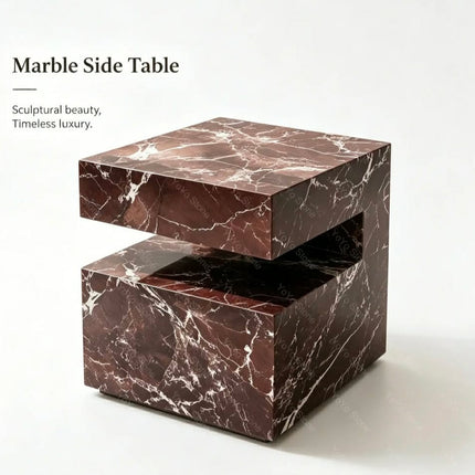 Modern Natural Rosso Levanto Marble Square Side Table Solid Stone NightStsnd For Living Room Bedroom