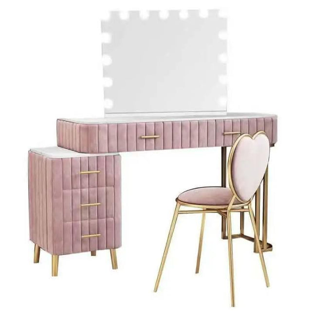 Luxury Nordic Style Wooden Bedroom Furniture With LED Makeup Mirror Storage Cabinet Dressing Table