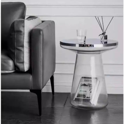 Contemporary Living Room Coffee Table, Tempered Glass Mirror Top With Patterned Brass Metal Side Table For Hotel