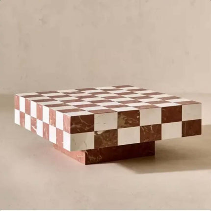 Modern marble coffee table unique style with natural red and white square checkerboard square plinths pedestal coffee table