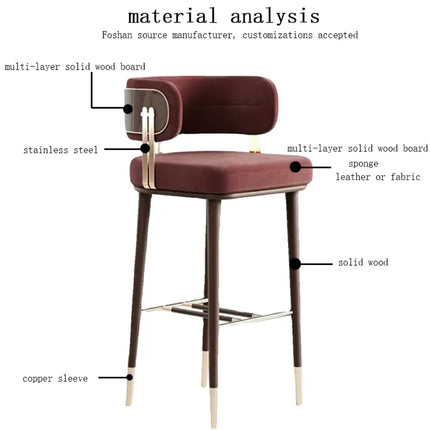 Luxury moderno simple wooden bar stool red velvet high chair metal feet cover for home kitchen island cafe