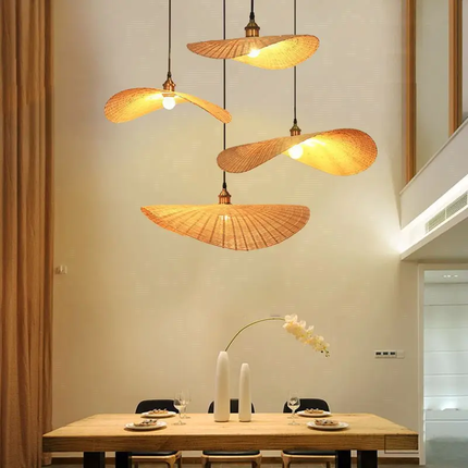 Rattan Bamboo Waves Light Pendants Handmade With Fancy Shape Natural Color Home Decoration