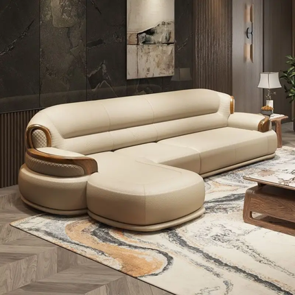 Imperial Comfort Series Deluxe Cream Leather Furniture with Elegant Wooden Frame and Center Table