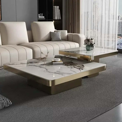 Modern living room metal frame slate top coffee table hotel villa luxury square golden coffee table set furniture