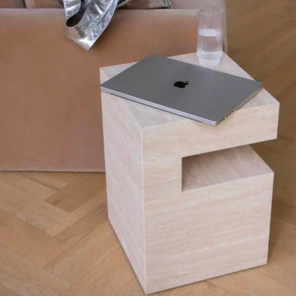 Modern Luxury Beige Travertine Marble Plinth Side Table Modern Design Bedside Table For Home Marble Stone Sofa Side End Table