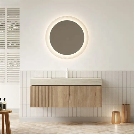 On-Trend Slat Style Bathroom Vanity – Custom Wood Veneer Cabinet, Integrated Sink, Custom Colors Available