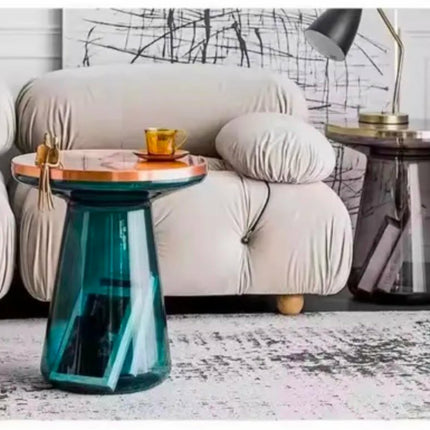 Contemporary Living Room Coffee Table, Tempered Glass Mirror Top With Patterned Brass Metal Side Table For Hotel