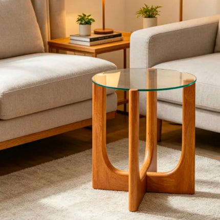Minimalist Home Furniture Integrated Curved  Solid Wood Frame Clear Tempered Glass Round Side Table Coffee Table For Living Room Villa