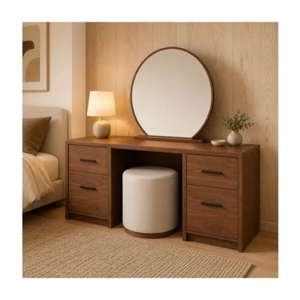 Warm Walnut Wood Finish 4-Drawer Vanity Table Freestanding Dressing Table for Bedroom 1300×805×420mm,Mirror Optional