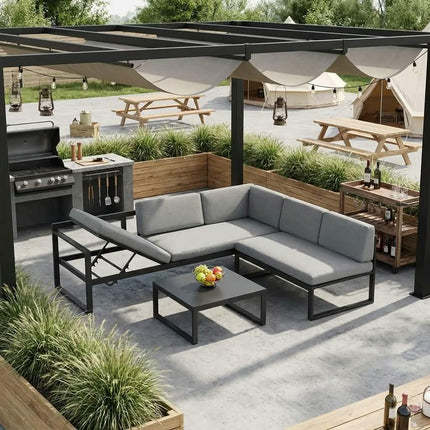L-Shaped Adjustable Back Modern Design Outdoor Sectional Sofa Set Matte Black Aluminum Frame Removable Light Grey Cushions PE