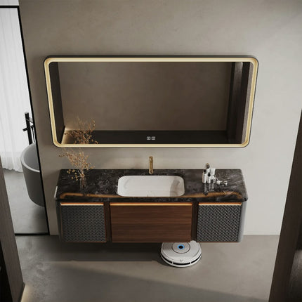 Vintage embossed solid wood floating bathroom vanity with marble wash basin, smart LED mirror cabinet