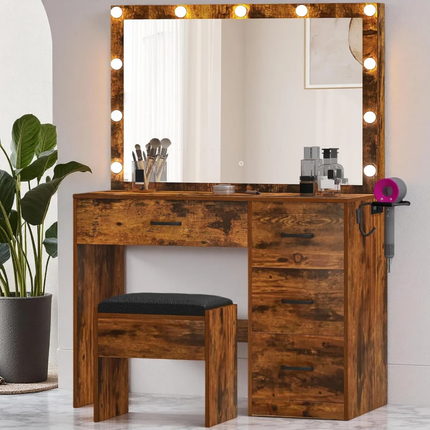 LED Modern Mango Panel Design Makeup Vanity Table 3 Light Modes Built-in Power Outlets Hairdryer Cushioned Stool Storage