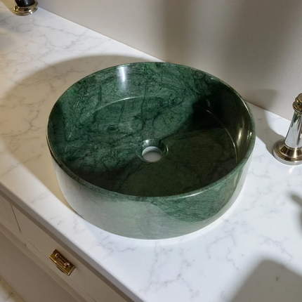Modern Cylindrical Art Bathroom Basin Green Marble Stone Sink Handmade Durable Bathroom Basin For Hotel & Villa Use