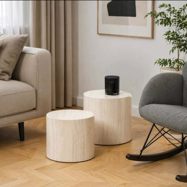 Japandi Modern Minimalist Wabi-Sabi MDF Travertine Style Coffee Table Oval Nesting Side Tables Set Living Room Decor Wholesale