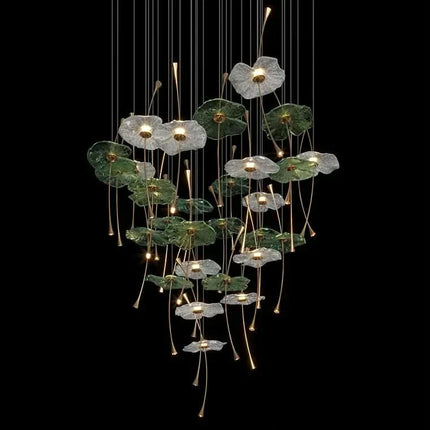 luxury High Ceiling Lotus Leaf Art Glass Chandelier Pendant Light for Villa Stairwell & Lobby