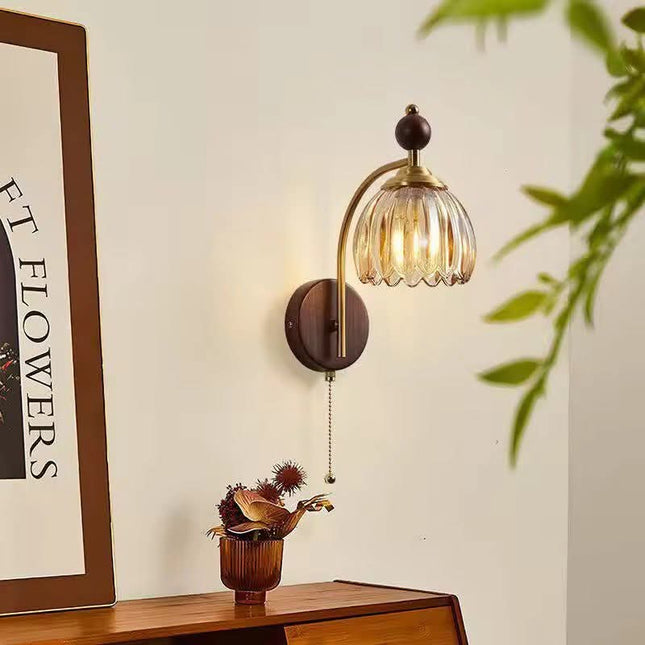 Medieval Style LED Iron Frame Glass Bell Shade Wall Lamp For Living Room and Corridor Pull-Chain Control