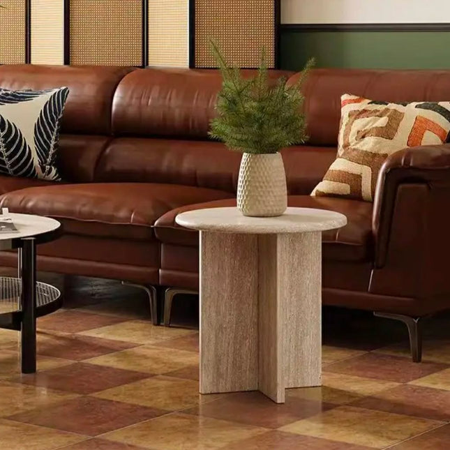 Natural Marble Stone Side Table Customized Small Side Coffee Tables Modern Round Beige Travertine Side Table For Living Room