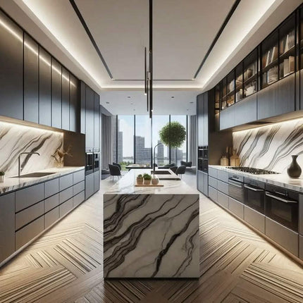 CBMmart RTA Modular Kitchen Cabinets Custom Aluminum Frame Glass Door Design Plywood Carcass Laminated Drawer Basket LED Strip