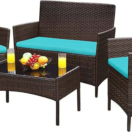 Brown Rattan Outdoor Furniture Set with Glass Coffee Table | 2 Chairs, Loveseat, Cushions, Custom Colors & Styles for Patio