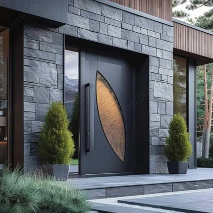 Luxury Hight-End American Modern Exterior Stainless Steel Front Entrance Door 3D Brown Solid Wood Entry Pivot Door For Houses