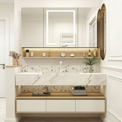 Modern hotel & villa use bathroom vanity with single/double sink floating wood cabinet with smart mirror Eco-friendly design