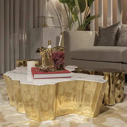 Italian light luxury tree root coffee table etched stainless steel living room furniture High-Low combination side table