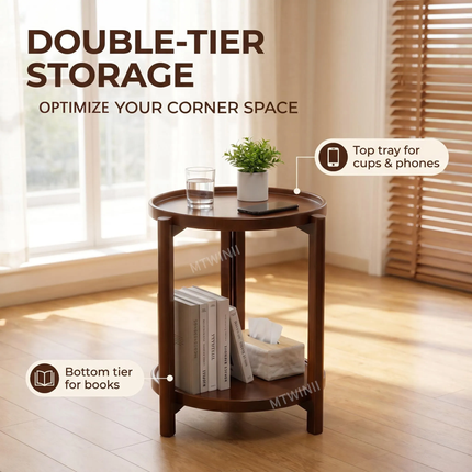 Solid Rubberwood 2-Tier Rich Walnut End Table with Open Storage Shelf Classic Farmhouse Round Side Table For Living Room Couch