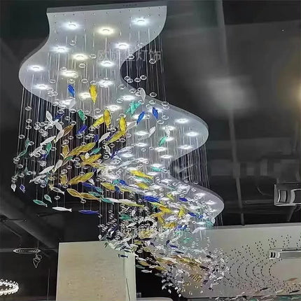 Luxury Custom Ocean Theme Fish Blue Glass Decor Pendant Chandelier Ceiling Mounted Lamp Home Villa Stairs