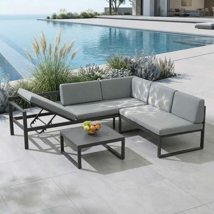 L-Shaped Adjustable Back Modern Design Outdoor Sectional Sofa Set Matte Black Aluminum Frame Removable Light Grey Cushions PE