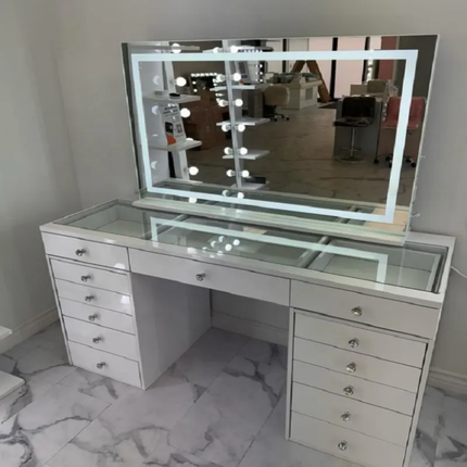 Modern MDF Makeup Vanity Table Set  with 9 Drawers  Large Storage Pink Princess Mirror for Bedroom & Bathroom Furniture