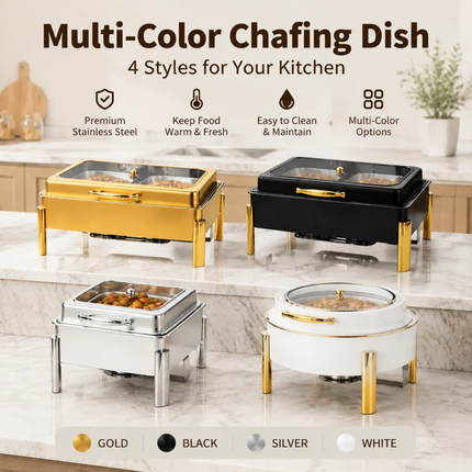 4-Colour Elegant Dual-Use Chafing Dish Stainless Steel Buffet Warmer with Hydraulic Lid Round Square Rectangular Shapes