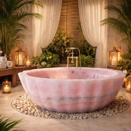 Custom Pink Onyx Marble Bathtub Luxury Freestanding Stone Soaking Tub Hand Carved Designer Bathroom Statement