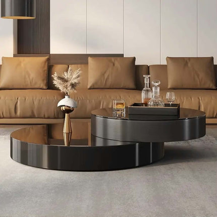 Modern Italian minimalist style home furniture light luxury black glass coffee table rotating feature for large small spaces