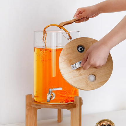 Custom Heat-Resistant Juice Alcohol Cold Drink Glass Beverage Dispensers Fermentation Tank Container With Tap and Bamboo Lip