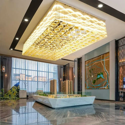 Large Luxury Gold Crystal Long Square LED Chandelier Adjustable Height Acrylic Stainless Steel Switch Remote for Hotel Lobby