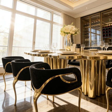 Luxury Modern Gold Stainless Steel Dining Table – Unique Designer Shape, 8 Seater for Villa Hotel Restaurant