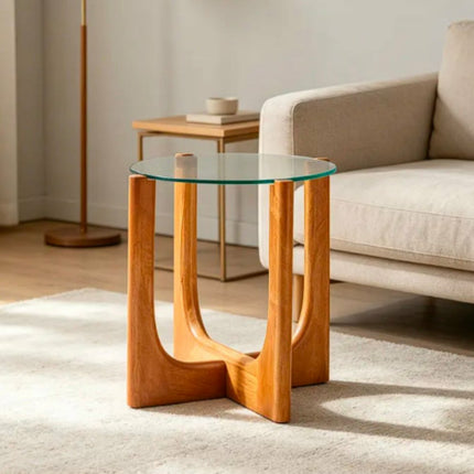 Minimalist Home Furniture Integrated Curved  Solid Wood Frame Clear Tempered Glass Round Side Table Coffee Table For Living Room Villa