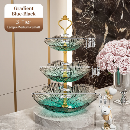 Luxury 2/3 Tier Gradient Petal Plastic Fruit Plate Crown Gold Handle Food Grade Snack Candy Serving Tray For Wedding Party Decor