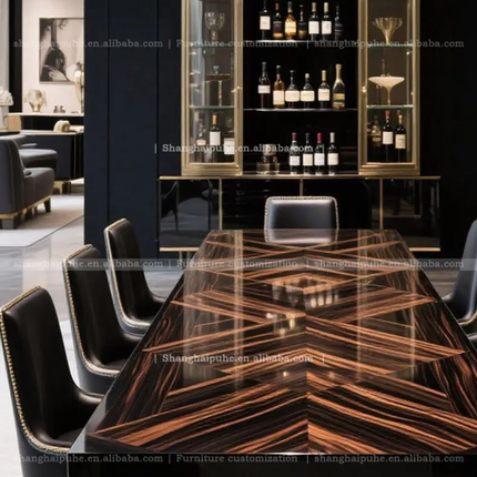 Modern Light Luxury Long Dining Table Set – Veneer Parquet Painted Top, Spacious Design for 12 People with Chairs