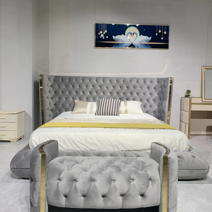 Opulent Grey King Bed - Modern Italian Design, Button-tufted Premium Fabric with Gold Accents
