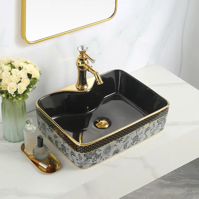 Black Square Ceramic Vessel Sink Gold Pattern Countertop Wash Basin Art Design Vanity Basin For Bathroom Wholesale Supplier