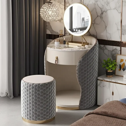 French European Luxury Solid Wood Vanity Set Lighted Adjustable Mirror Stool Modular Storage Space-Saving For Apartment Bedroom