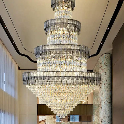 Luxury LED K9 Crystal Chandelier Lighting Modern Duplex Hotel Villa Large 4-Layer Pendant Light