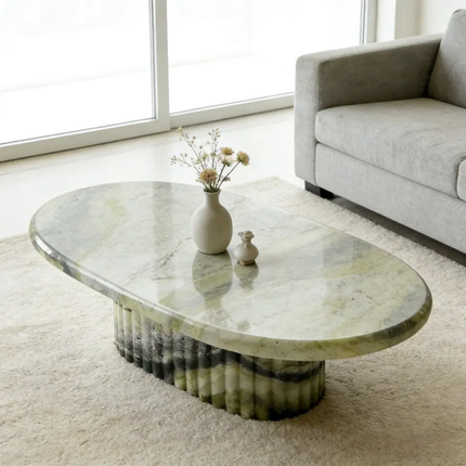 Natural marble base table luxury oval top green marble side table living room bedroom marble plinth coffee table set