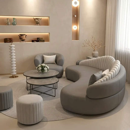 High-End Grey Curved Sofa with Pleated Backrest Modern Luxury Sectional Couch Set for Cultural Hotel Suite Lounge